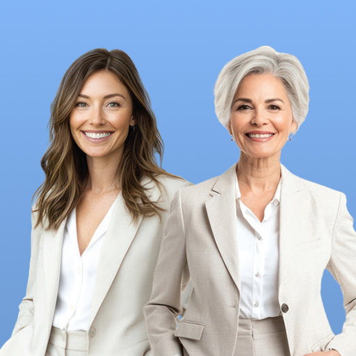 Two smiling women, one younger and one older, standing together against a blue background