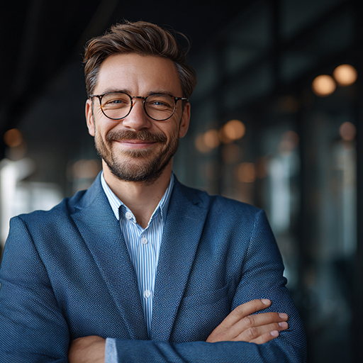 A smiling man wearing glasses and a blue jacket in a dimly lit interior