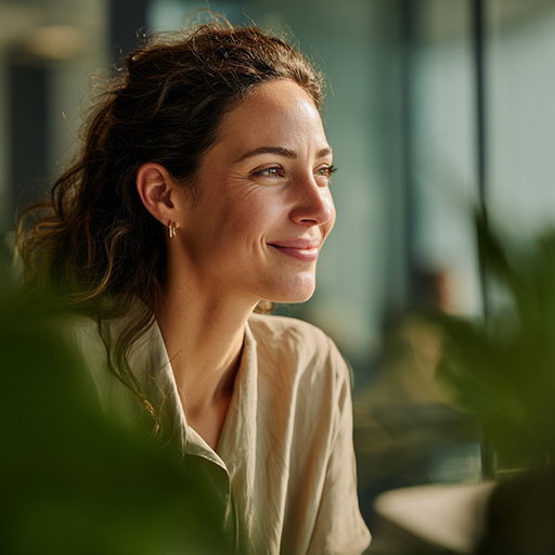 A woman in a beige blouse looking away, seated in a softly lit room