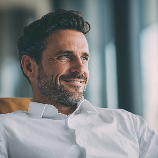 A smiling man in a white shirt seated in warm light