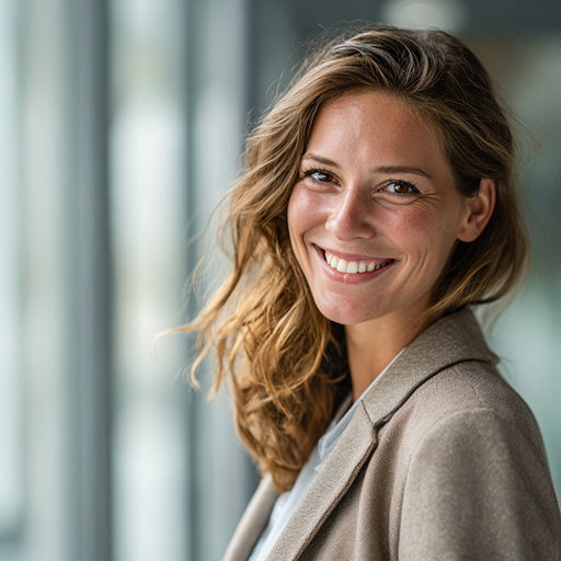 A smiling woman with fair hair wearing a beige coat outdoors