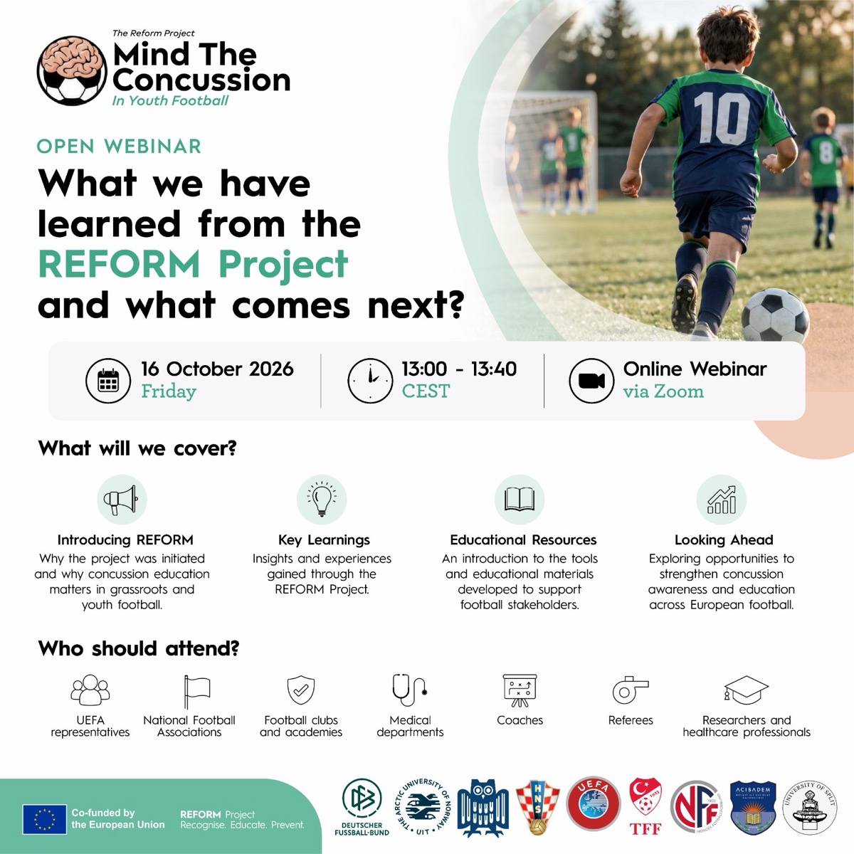 Mind the Concussion in Youth Football: open webinar poster, 16 October 2026