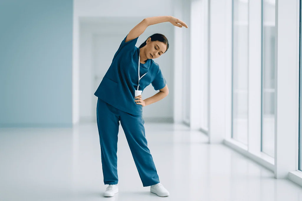 10 Early Signs of Pregnancy 1 Female healthcare worker stretching in hospital corridor.