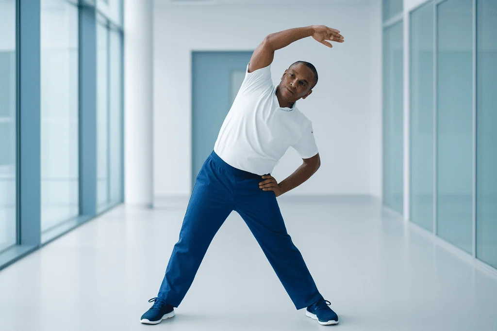 15 Types of Plastic Surgery for Face: Complete Guide 1 Man performing side stretch exercise in modern clinic corridor.