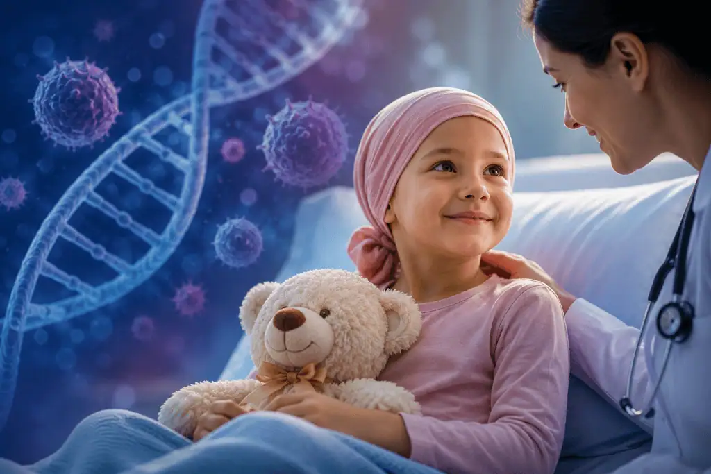 Pediatric Cancers 1 Pediatric patient with doctor in hospital, DNA and virus graphics in background.