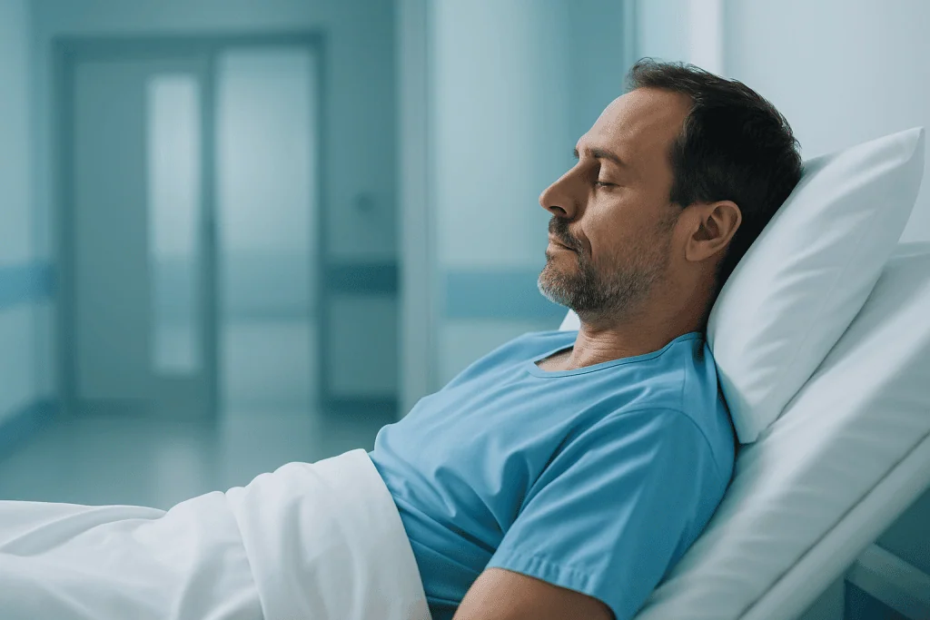 50 Famous Bald Celebrities Who Prove Bald Is Bold 1 Male patient resting in hospital bed with eyes closed.
