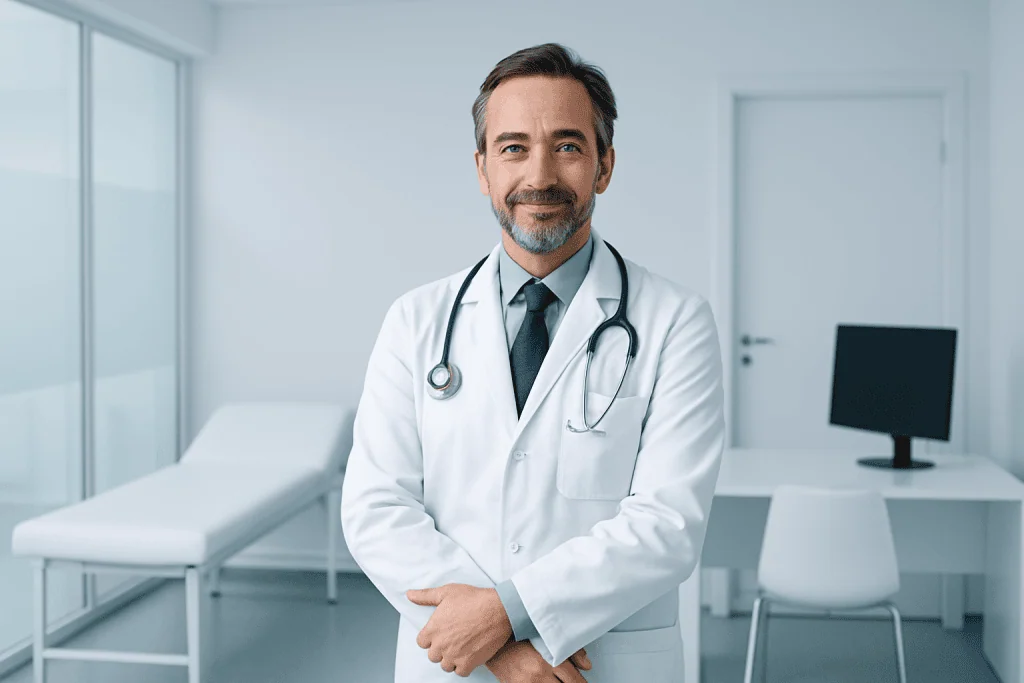 7 Types of Facial Plastic Surgery Procedures Explained 1 Doctor in a white coat with stethoscope in a medical clinic.