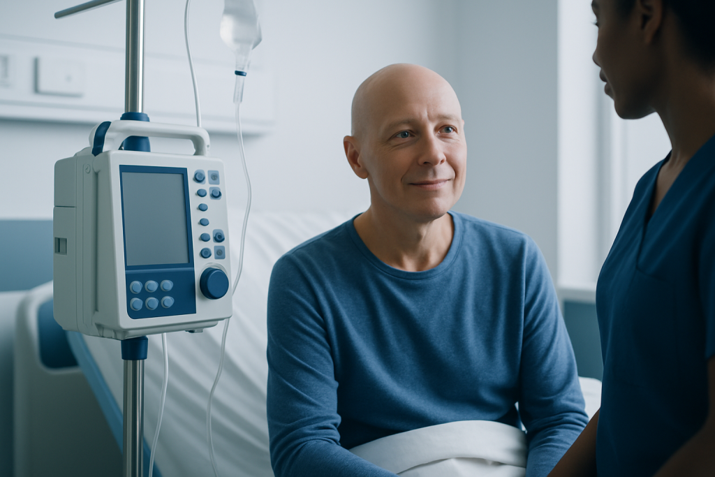 Patient in hospital bed talking to healthcare professional in a medical facility.