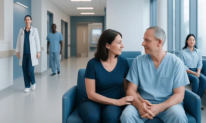 Patient and doctor discussing post-surgery recovery in hospital corridor.