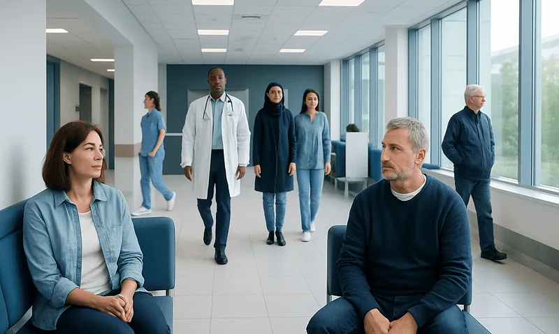 Medical staff and patients in a hospital waiting area with large windows.