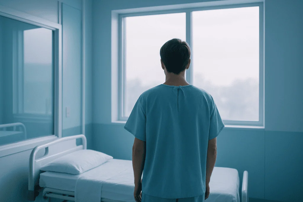 Abdominal Mass 1 Male patient in hospital gown looking out of window in hospital room.