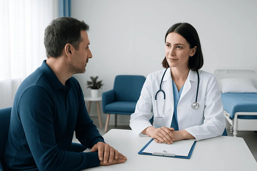 Doctor consulting patient in a modern hospital room in Turkey.