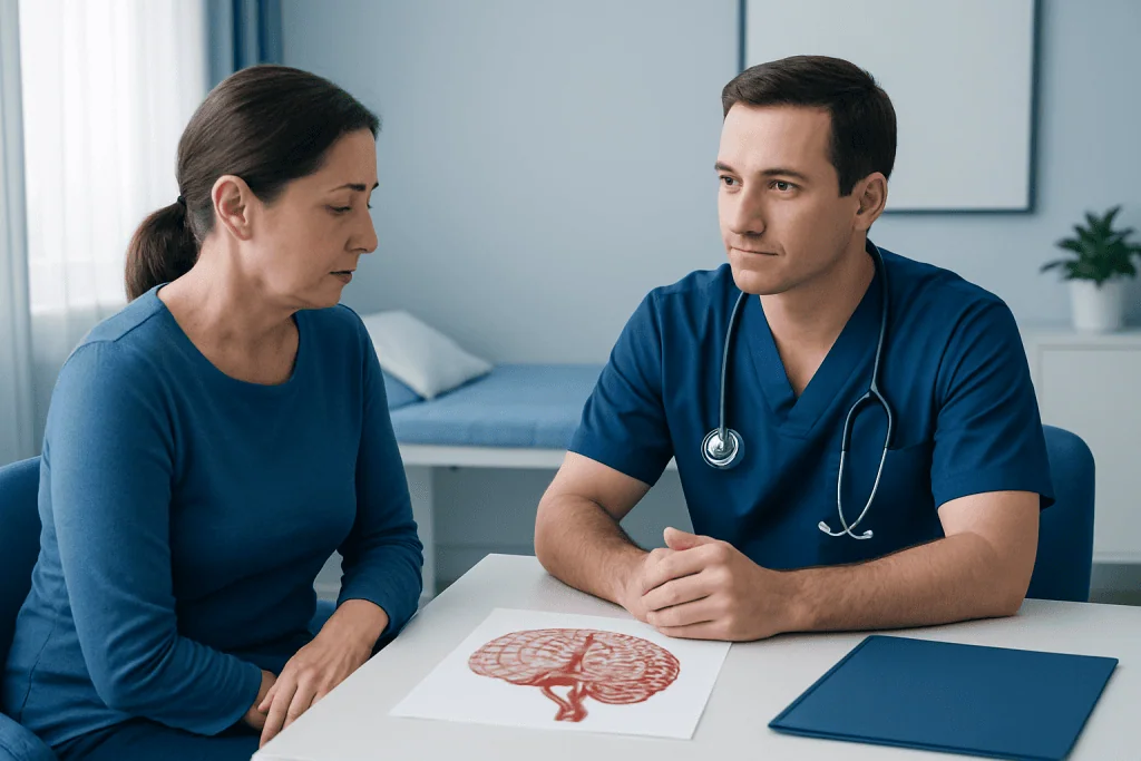 Doctor discussing cerebral aneurysm treatment with patient in consultation room.
