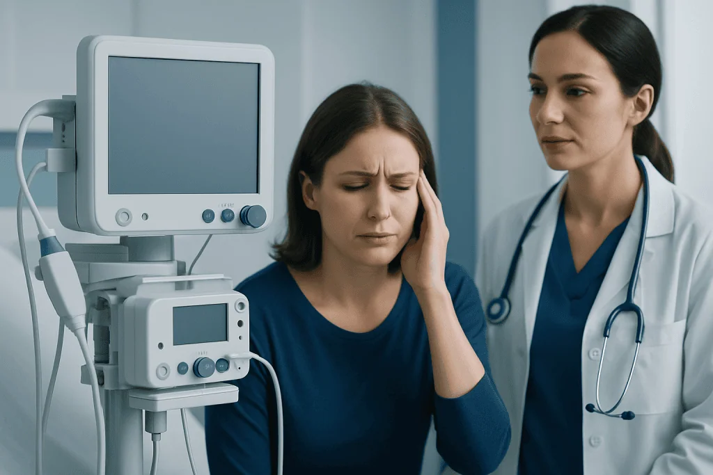 Woman with headache in hospital with doctor nearby.