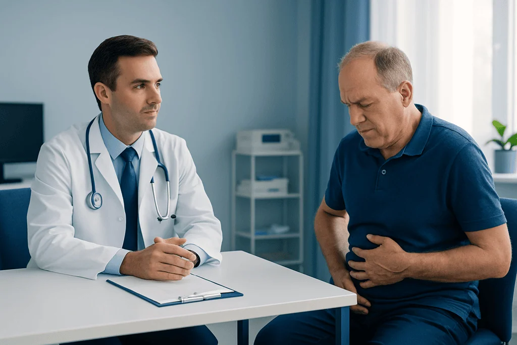 Doctor consulting with a patient about liver health and cirrhosis symptoms.