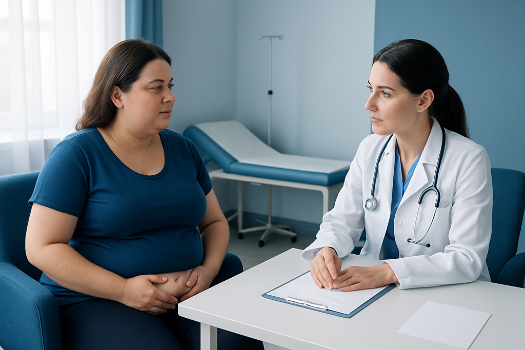 Doctor consulting with a woman patient in a medical office setting.