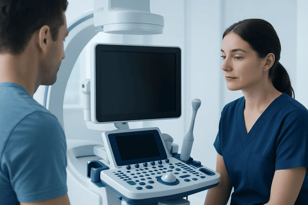 Medical professional and patient during ultrasound examination at Acibadem Hospital.