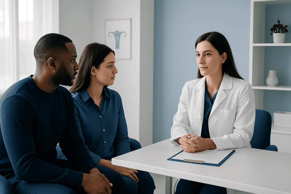 Fertility consultation with doctor and couple in a medical office.