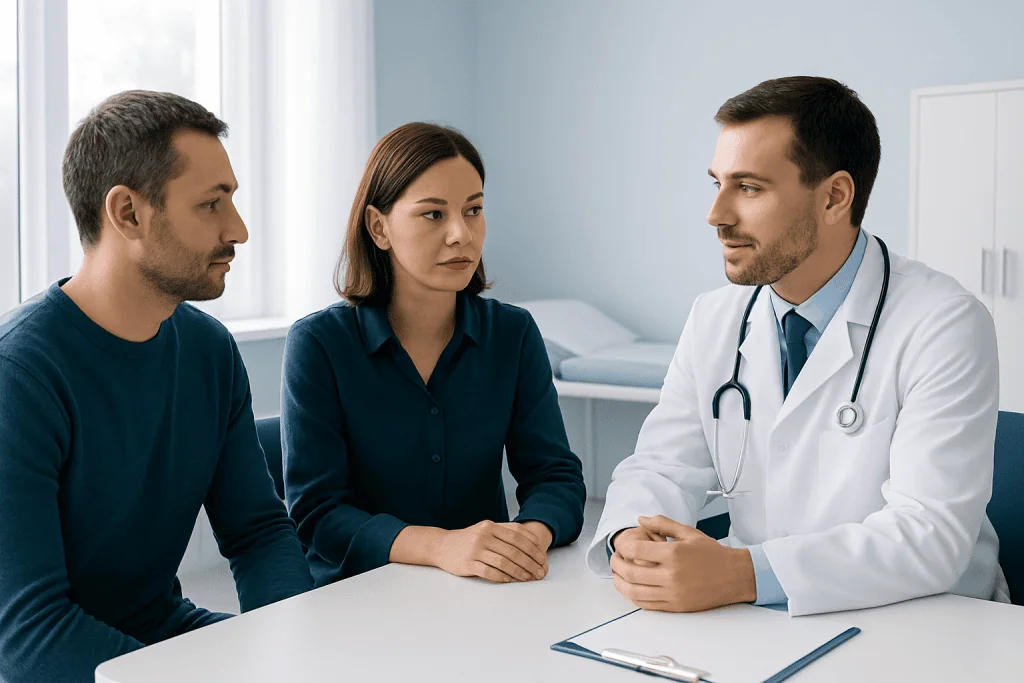 Doctor consulting with two patients in a medical office.