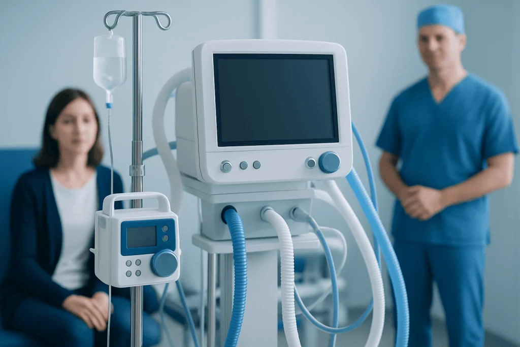 Hospital medical equipment with patient and healthcare professional in background.