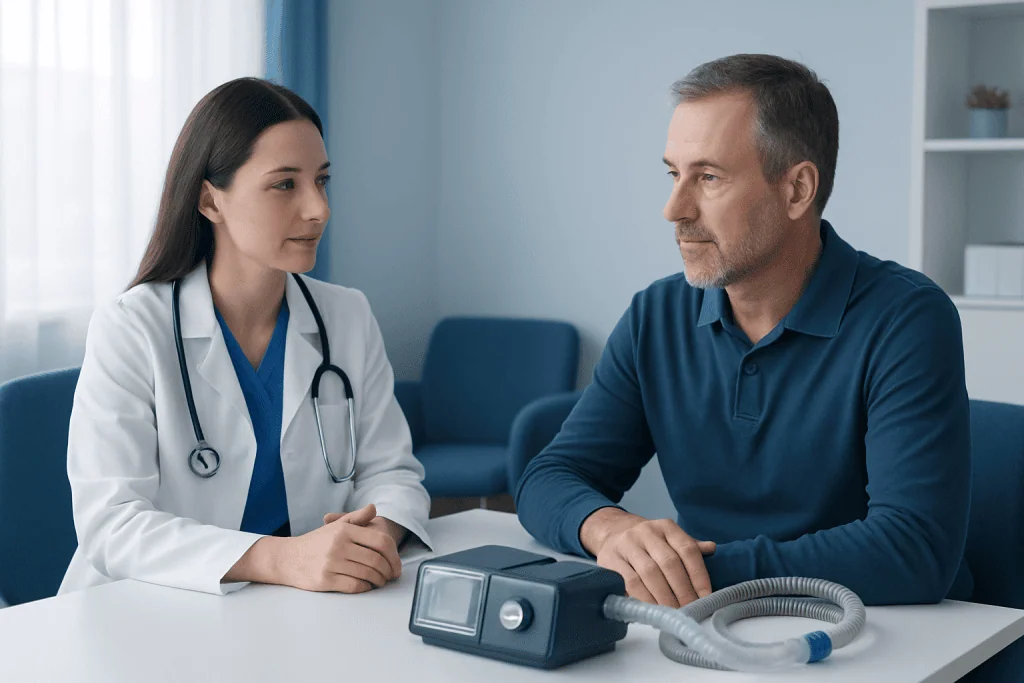 Doctor consulting with patient about CPAP machine in clinic setting.