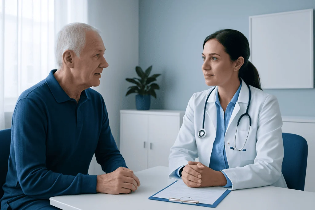 Doctor consulting with elderly patient in a medical office.