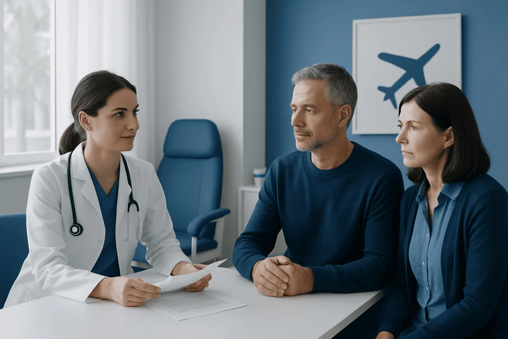 Doctor consulting with a patient in a hospital room.