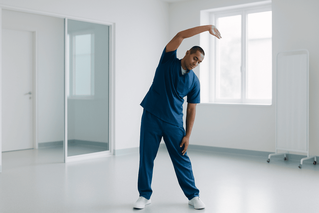 AL Amyloidosis (Primary Amyloidosis) 1 Healthcare professional stretching in a bright hospital room.