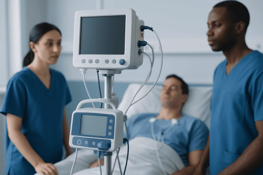 Medical team monitoring patient in hospital room with ventilator equipment.