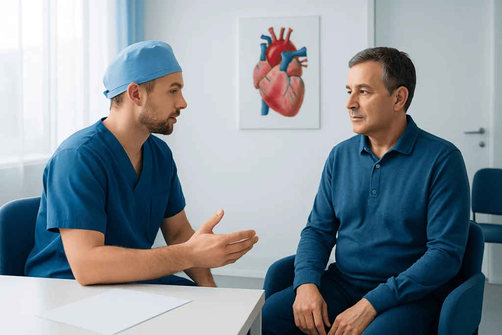 Doctor consulting with patient in hospital room with heart diagram on wall.