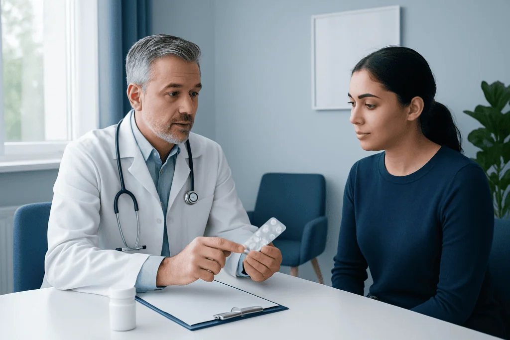 Doctor explaining medication to a patient in a consultation room.