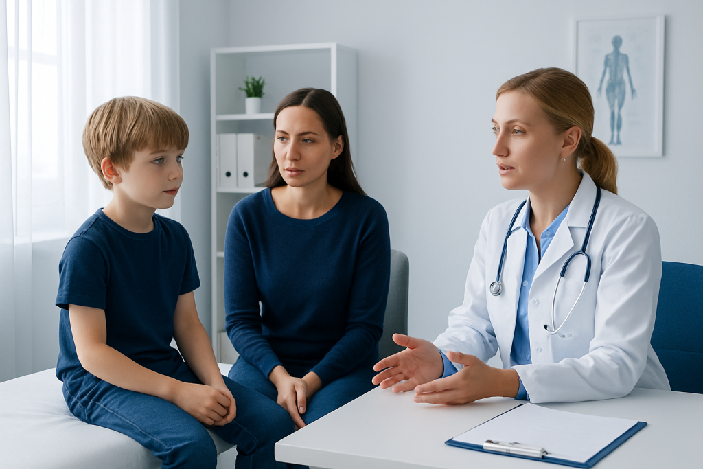 Doctor discussing health with a young boy and his mother in a clinic setting.