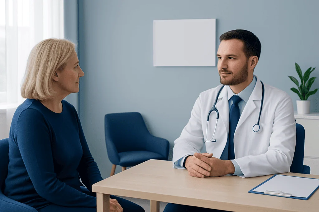 Doctor consulting with a female patient in a medical office.