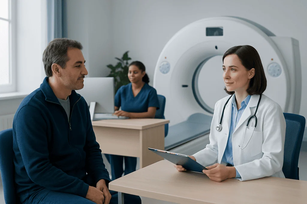 Doctor consulting patient in front of MRI scanner at Acibadem Hospital.