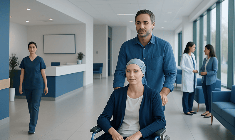 Patient in wheelchair with caregiver in modern hospital lobby.