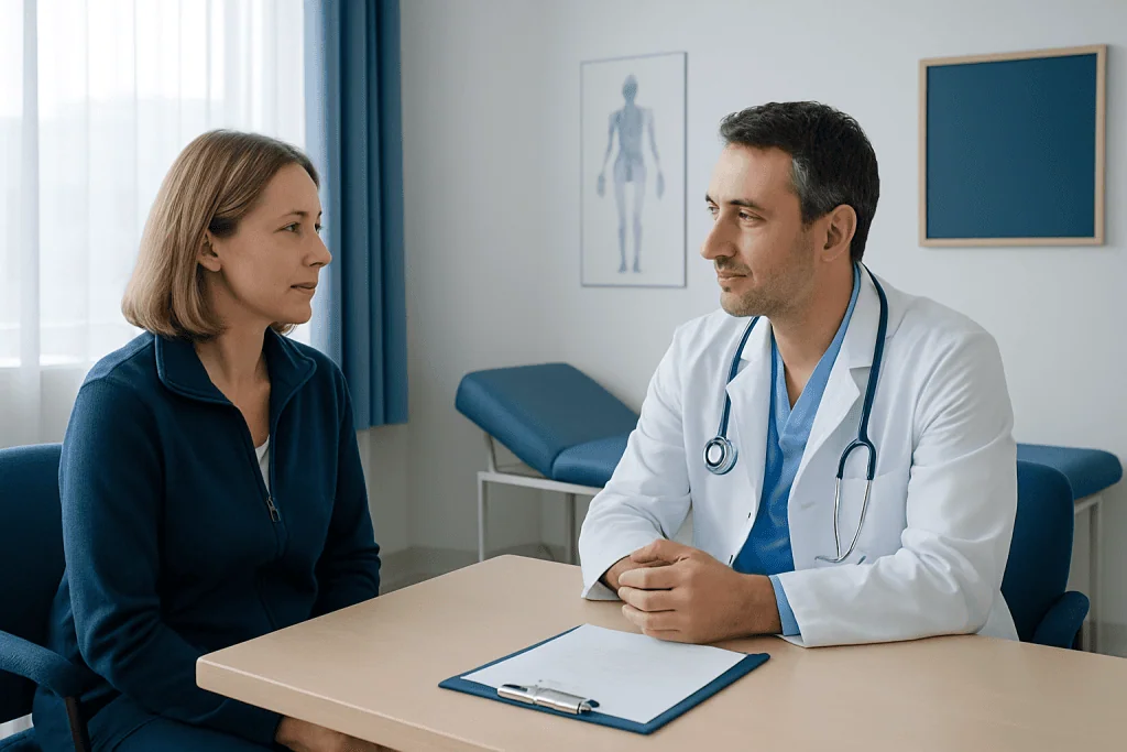 Doctor consulting with a female patient in a medical office.