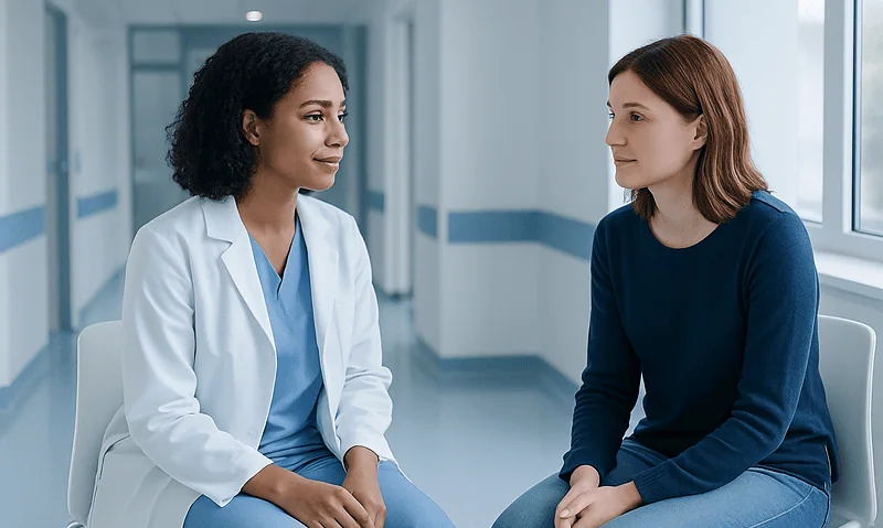 Doctor consulting with a patient in a hospital corridor.