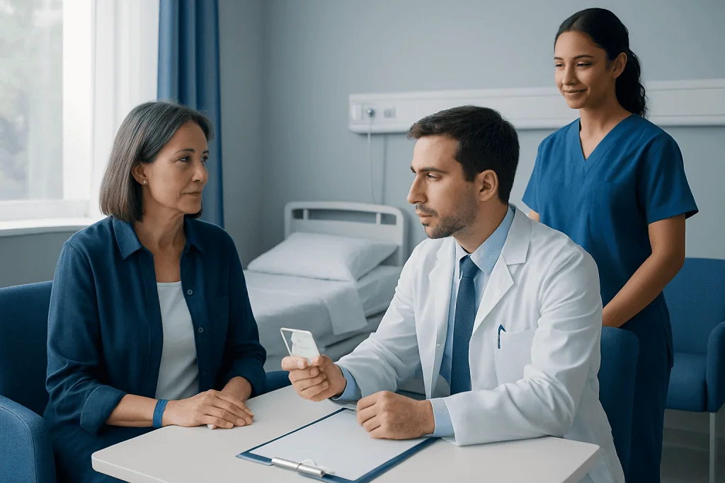 Doctor consulting with a patient in a hospital room with a nurse nearby.
