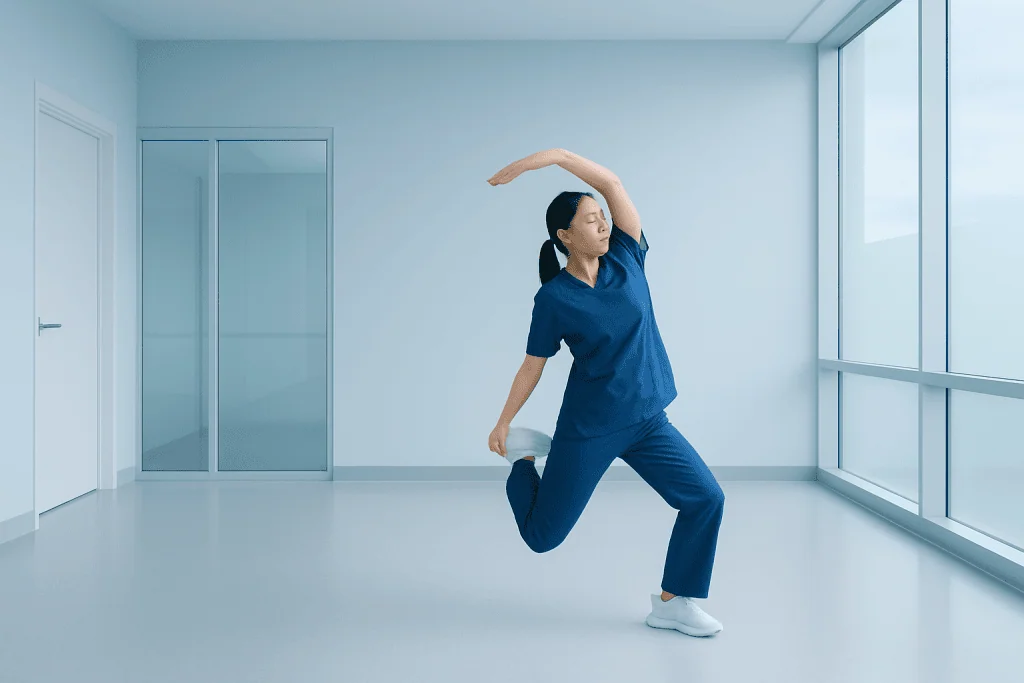 Autoimmune Autonomic Ganglionopathy 1 Female healthcare worker stretching in a modern hospital corridor.