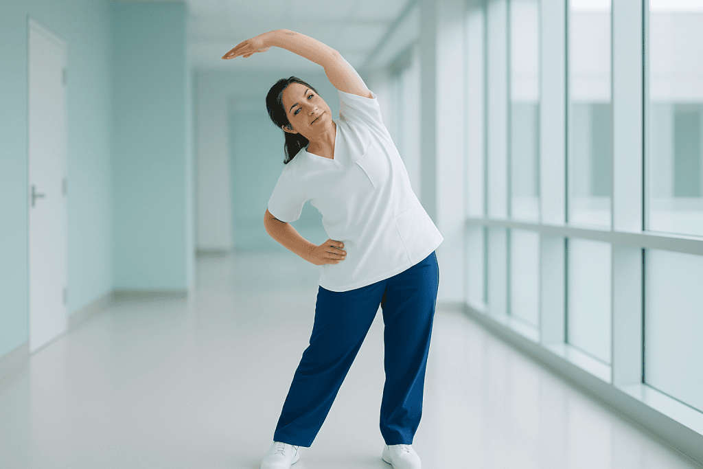 Balloon Valvuloplasty (Valvotomy) at Acibadem Hospital 1 Female nurse stretching in hospital corridor for health and wellness.