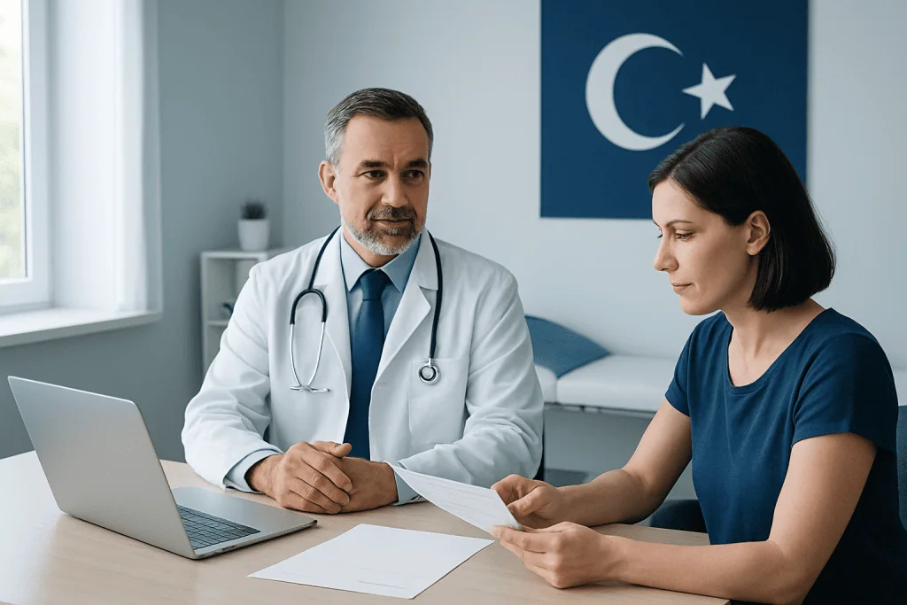 Doctor consulting with a patient in a medical office with Turkish flag.