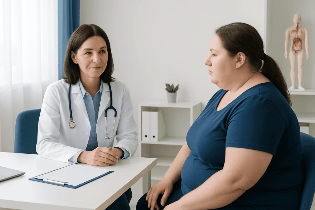 Doctor consulting with a patient about bariatric surgery options at Acibadem Hospitals.