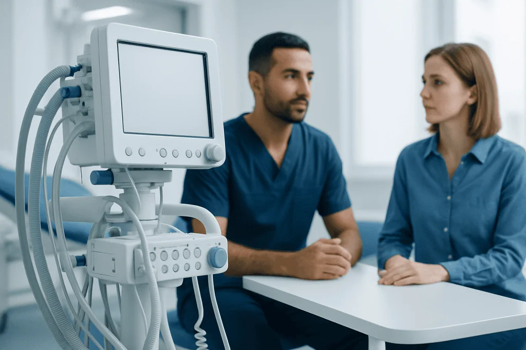 Medical professionals discussing patient care in a hospital room.
