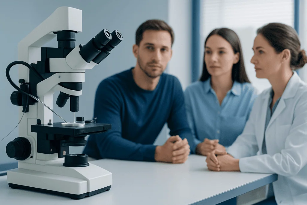 Medical professionals and a scientist observing through a microscope in a laboratory setting.
