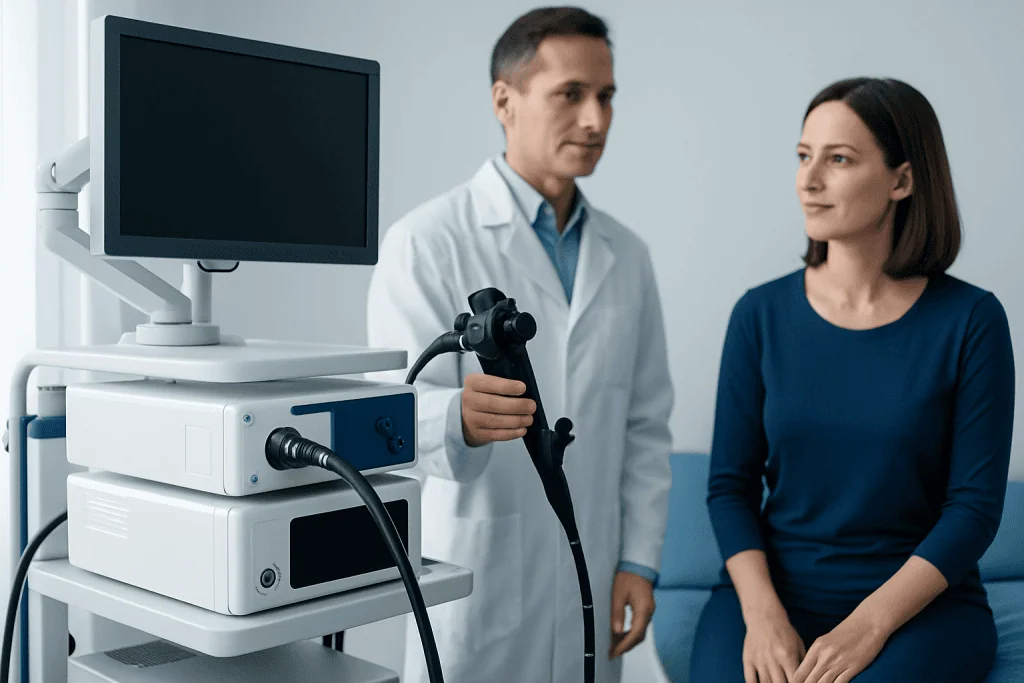 Doctor preparing for a colonoscopy procedure with medical equipment.