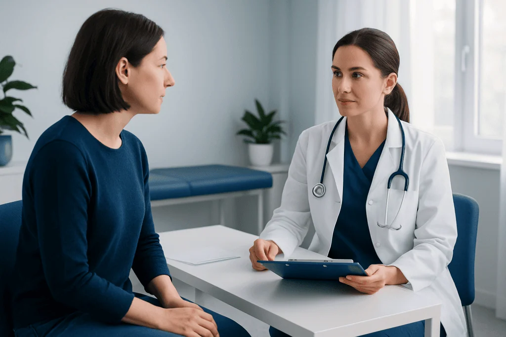 Doctor consulting with patient in a medical office setting.