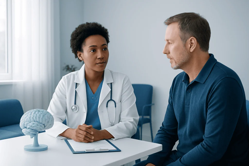 Doctor discussing neurological surgery with patient in consultation room.