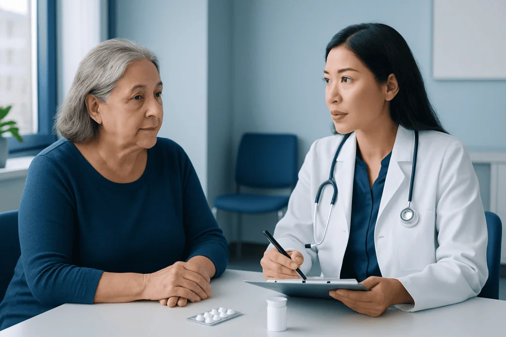 Doctor consulting with an elderly female patient in a medical office.