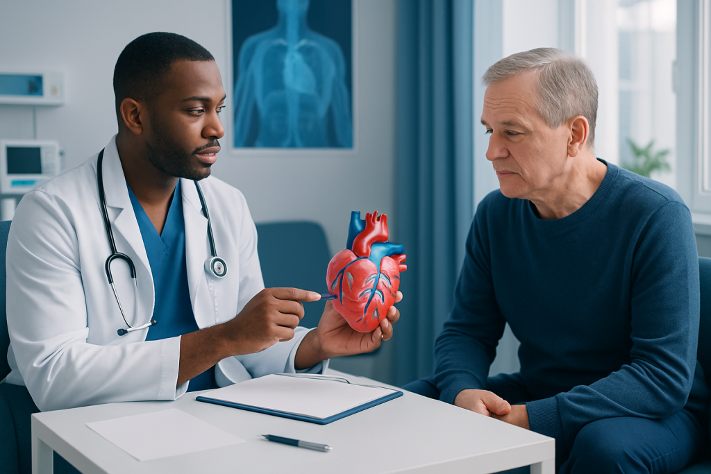 Doctor explaining heart anatomy to patient in a medical consultation.