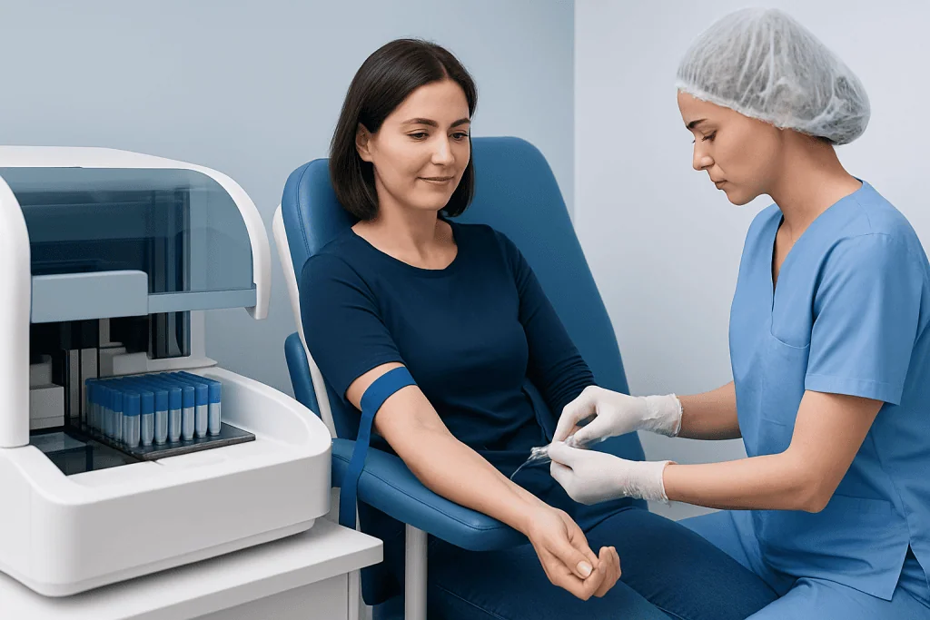 Patient having blood drawn during a medical test at a hospital.